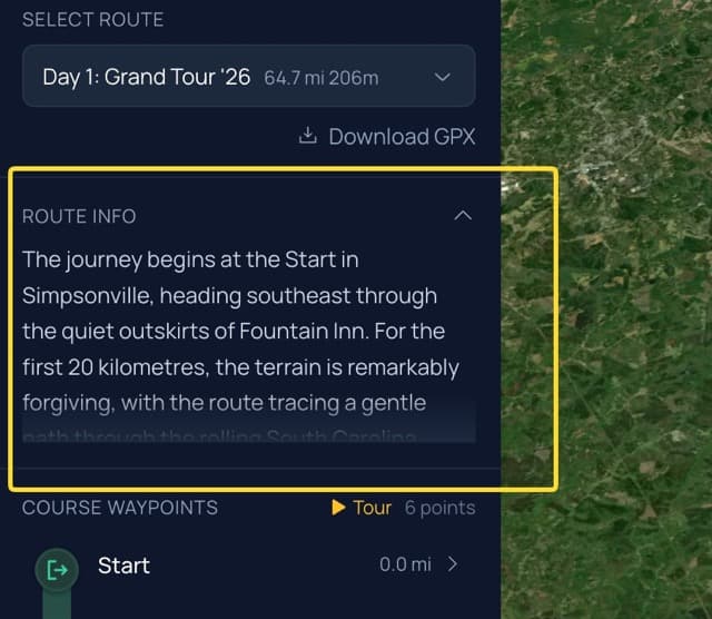 Terranaut admin — an AI-generated route narrative shown in the route info panel beside the 3D map